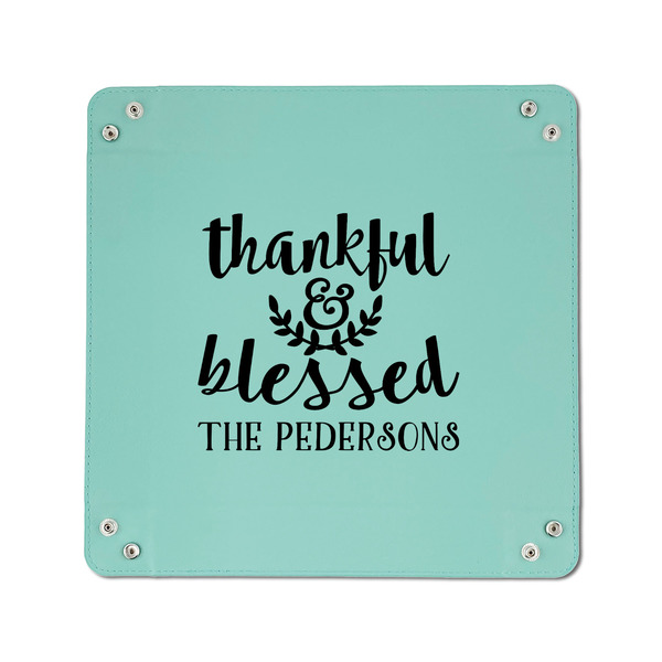 Thankful & Blessed 6" x 6" Teal Leatherette Snap Up Tray - APPROVAL