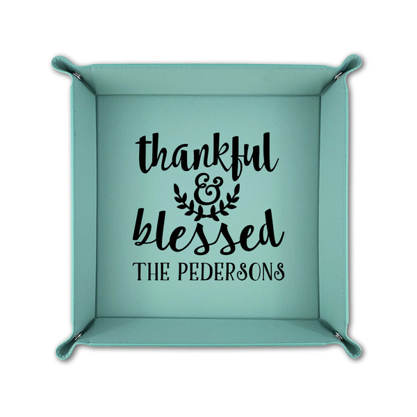 Thankful & Blessed 6" x 6" Teal Leatherette Snap Up Tray - FOLDED UP