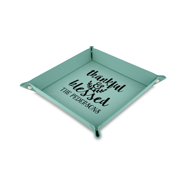 Custom Thankful & Blessed 6" x 6" Teal Faux Leather Valet Tray (Personalized)