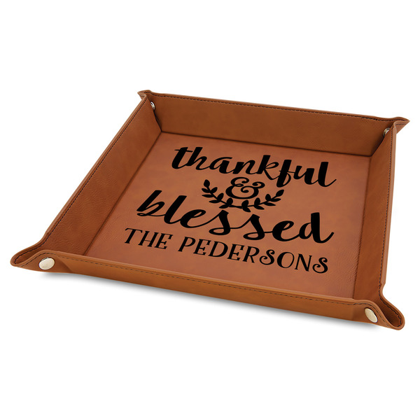 Custom Thankful & Blessed Faux Leather Dice Tray - 9" x 9" - Rawhide (Personalized)