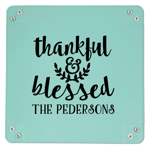 Thankful & Blessed 9" x 9" Teal Leatherette Snap Up Tray - APPROVAL