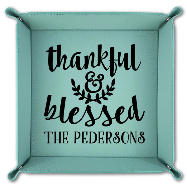 Thankful & Blessed 9" x 9" Teal Leatherette Snap Up Tray - FOLDED