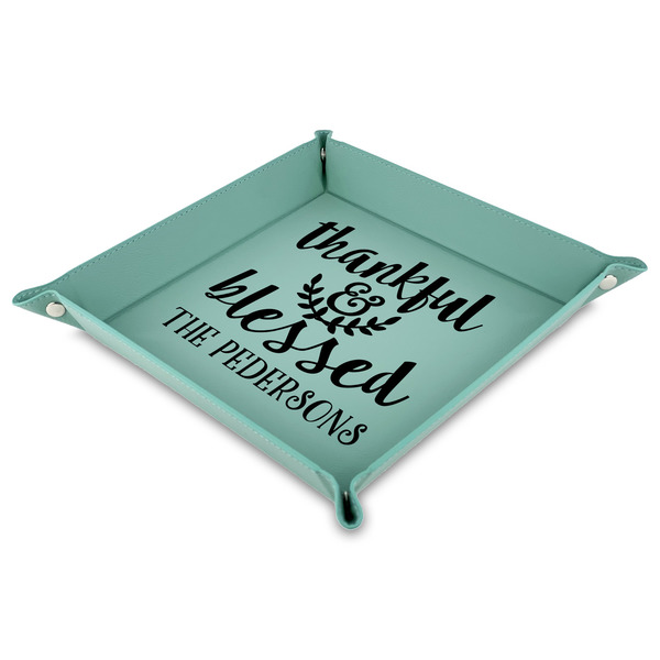 Custom Thankful & Blessed 9" x 9" Teal Faux Leather Valet Tray (Personalized)