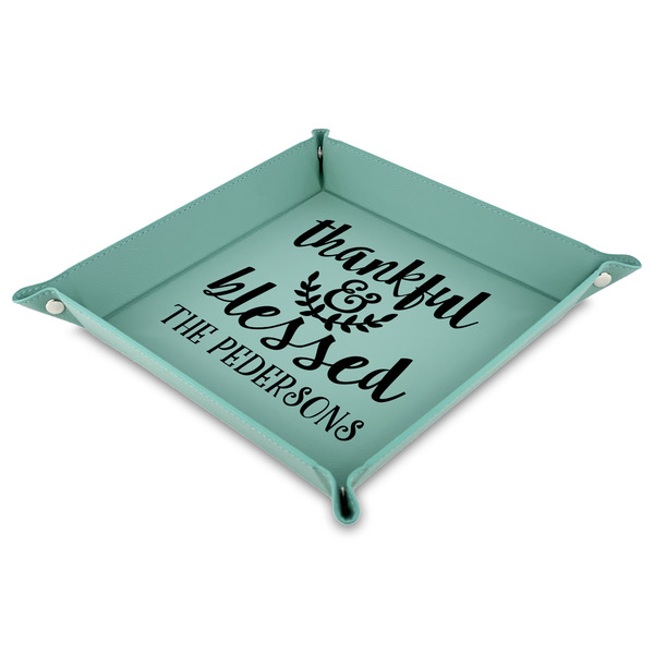 Custom Thankful & Blessed Faux Leather Dice Tray - 9" x 9"  - Teal (Personalized)