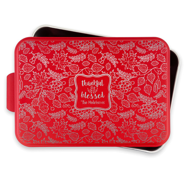 Thankful & Blessed Aluminum Baking Pan - Red Lid - FRONT w/lif off