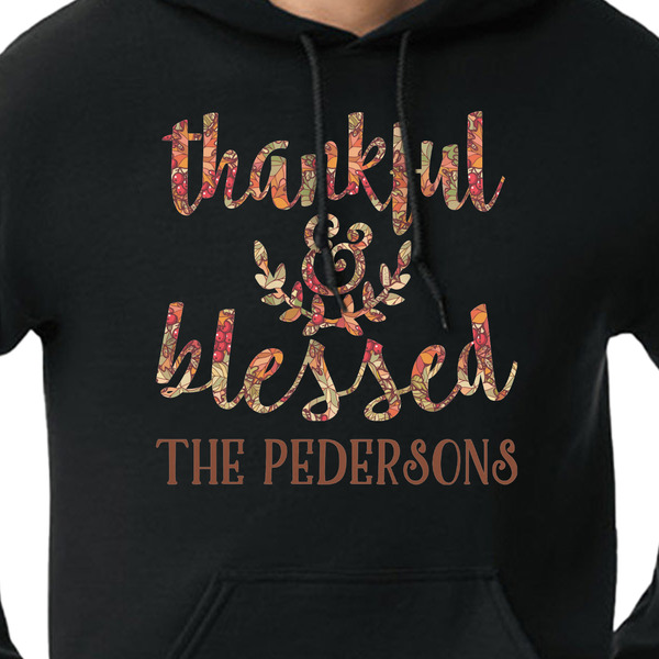 Thankful & Blessed Black Hoodie on Model - CloseUp