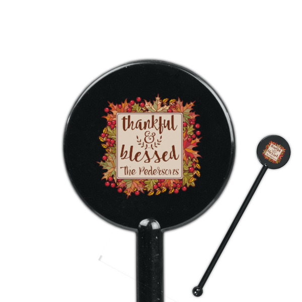 Custom Thankful & Blessed 5.5" Round Plastic Stir Sticks - Black - Single Sided (Personalized)