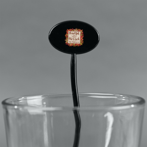 Thankful & Blessed Black Plastic 7" Stir Stick - Oval - Main