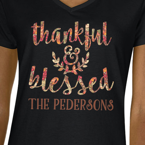 Thankful & Blessed Black V-Neck T-Shirt on Model - CloseUp