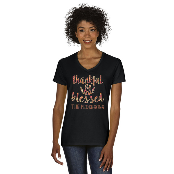 Custom Thankful & Blessed Women's V-Neck T-Shirt - Black (Personalized)