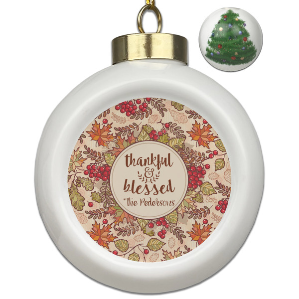 Custom Thankful & Blessed Ceramic Ball Ornament - Christmas Tree (Personalized)