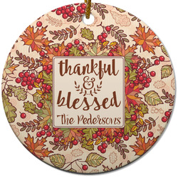 Thankful & Blessed Round Ceramic Ornament w/ Name or Text