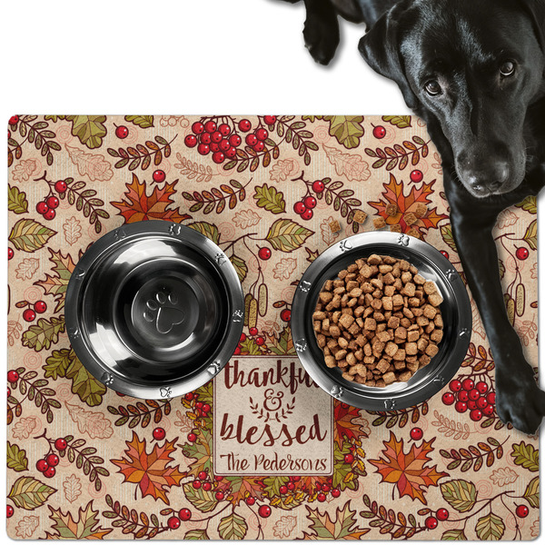 Custom Thankful & Blessed Dog Food Mat - Large w/ Name or Text