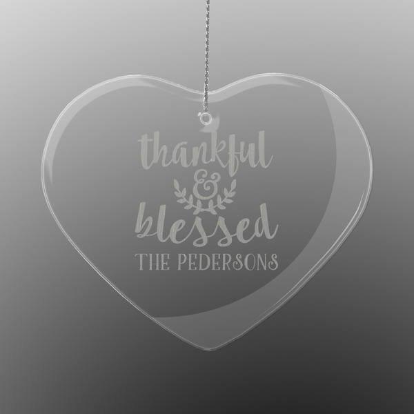 Custom Thankful & Blessed Engraved Glass Ornament - Heart (Personalized)