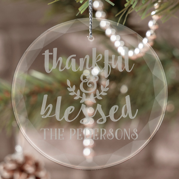 Custom Thankful & Blessed Engraved Glass Ornament (Personalized)