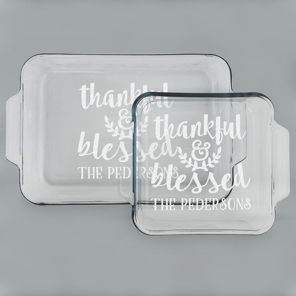 Custom Thankful & Blessed Set of Glass Baking & Cake Dish - 13in x 9in & 8in x 8in (Personalized)