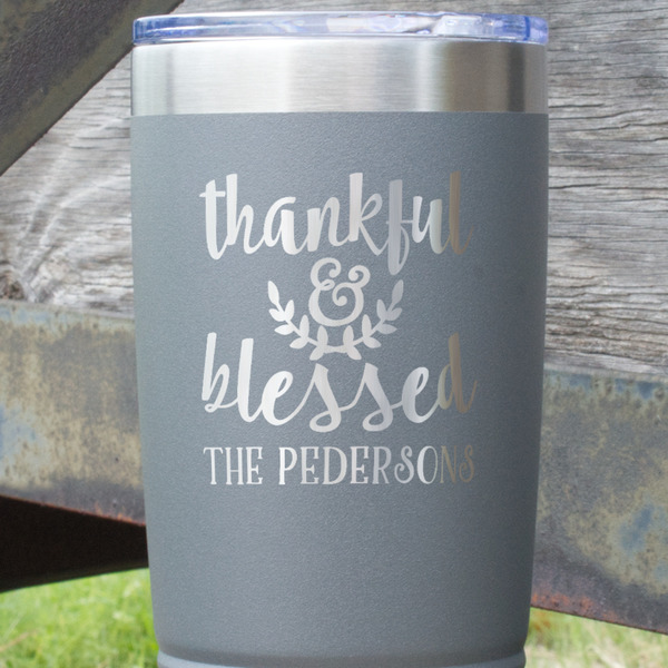 Thankful & Blessed Gray Polar Camel Tumbler - 20oz - Close Up