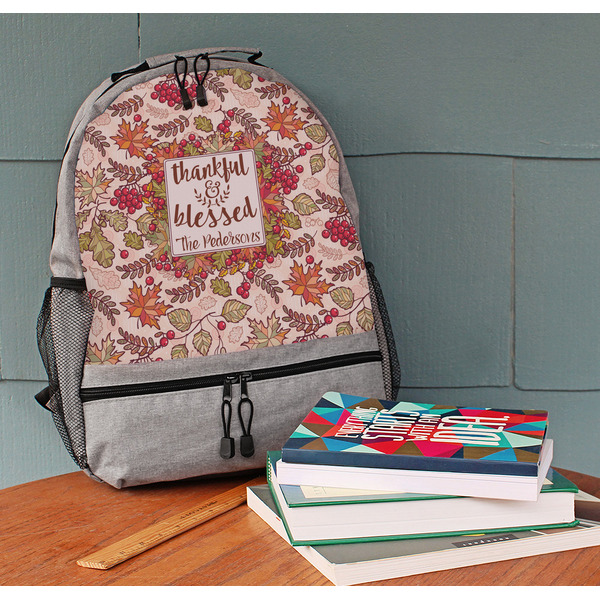 Thankful & Blessed Large Backpack - Gray - On Desk