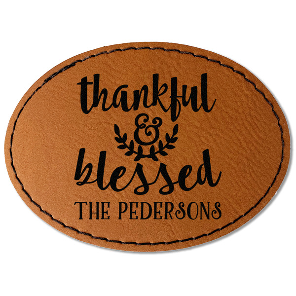 Custom Thankful & Blessed Faux Leather Iron On Patch - Oval (Personalized)