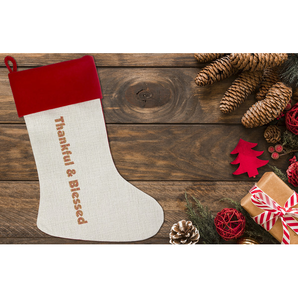Thankful & Blessed Linen Stocking w/Red Cuff - Flat Lay (LIFESTYLE)