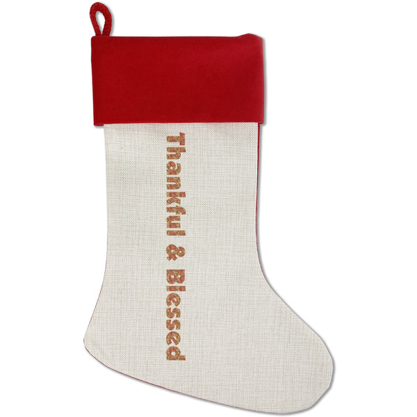 Custom Thankful & Blessed Red Linen Stocking (Personalized)