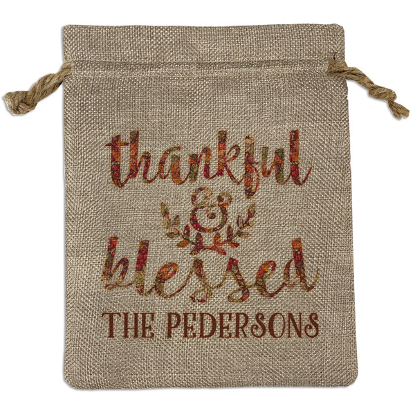 Custom Thankful & Blessed Medium Burlap Gift Bag - Front (Personalized)