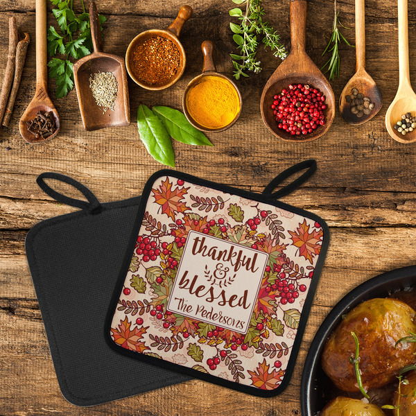 Thankful & Blessed Neoprene Pot Holder - Set of 2  LIFESTYLE (Flatlay)