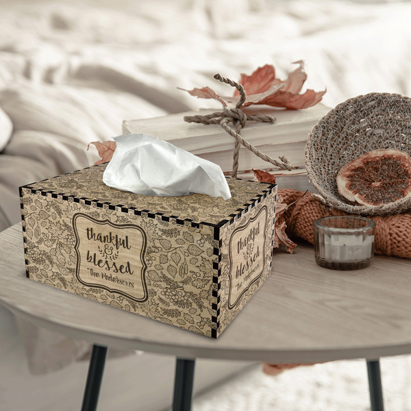 Thankful & Blessed Rectangle Tissue Box Covers - Wood - In Context