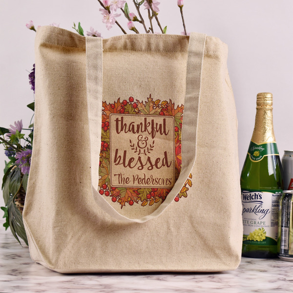 Thankful & Blessed Reusable Cotton Grocery Bag - In Context