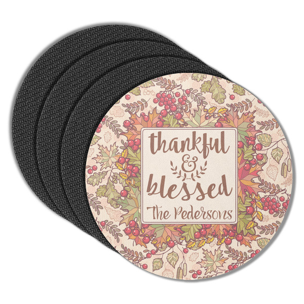 Custom Thankful & Blessed Round Rubber Backed Coasters - Set of 4 (Personalized)