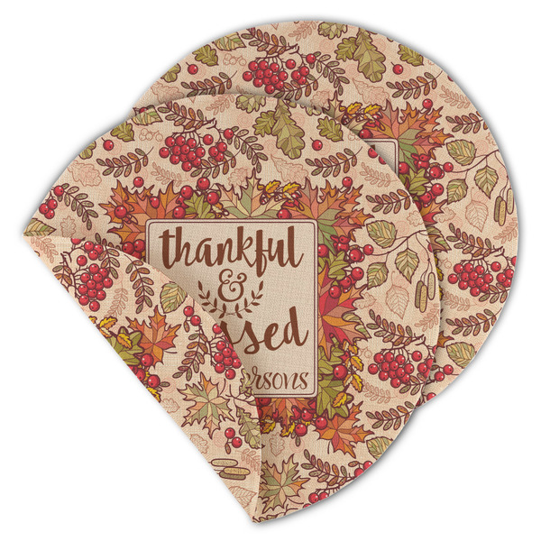 Custom Thankful & Blessed Round Linen Placemat - Double Sided - Set of 4 (Personalized)