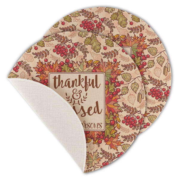 Custom Thankful & Blessed Round Linen Placemat - Single Sided - Set of 4 (Personalized)