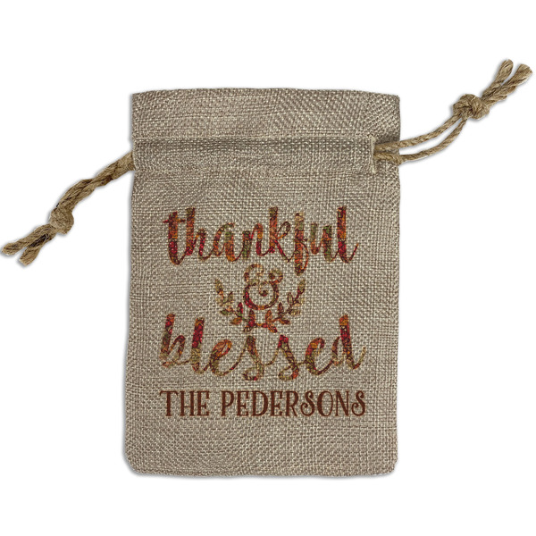 Custom Thankful & Blessed Small Burlap Gift Bag - Front (Personalized)