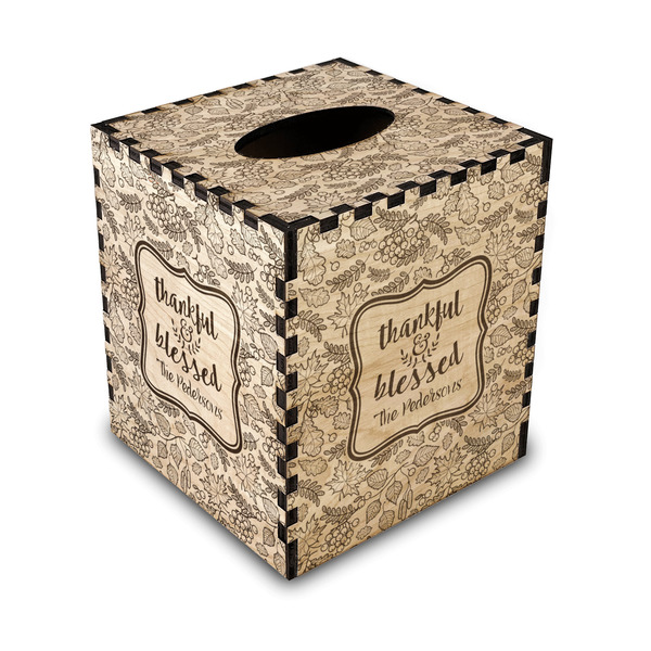 Custom Thankful & Blessed Wood Tissue Box Cover - Square (Personalized)