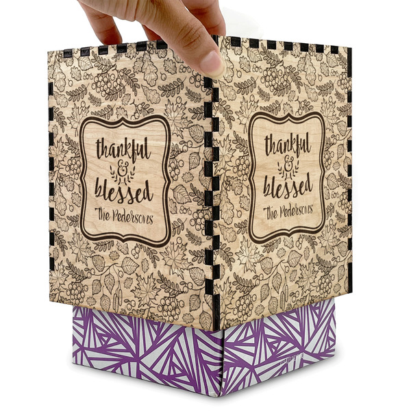 Thankful & Blessed Square Tissue Box Covers - Wood - with box
