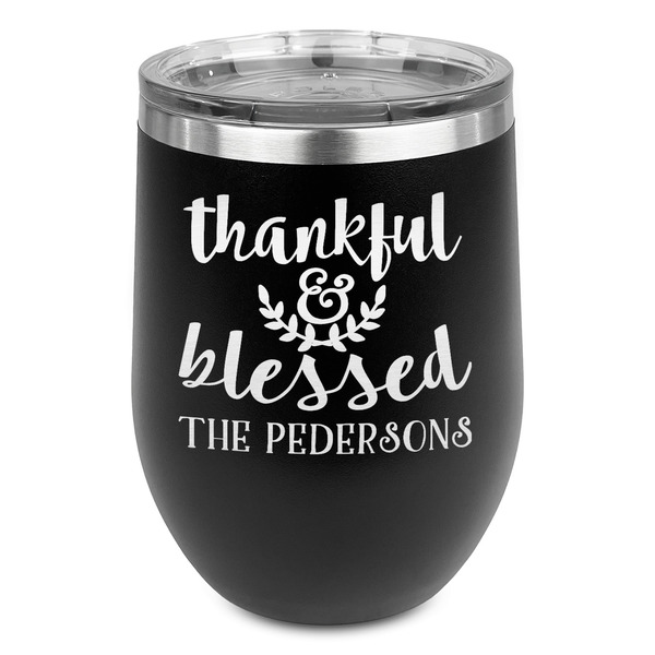 Custom Thankful & Blessed Stemless Stainless Steel Wine Tumbler - Black - Double Sided (Personalized)