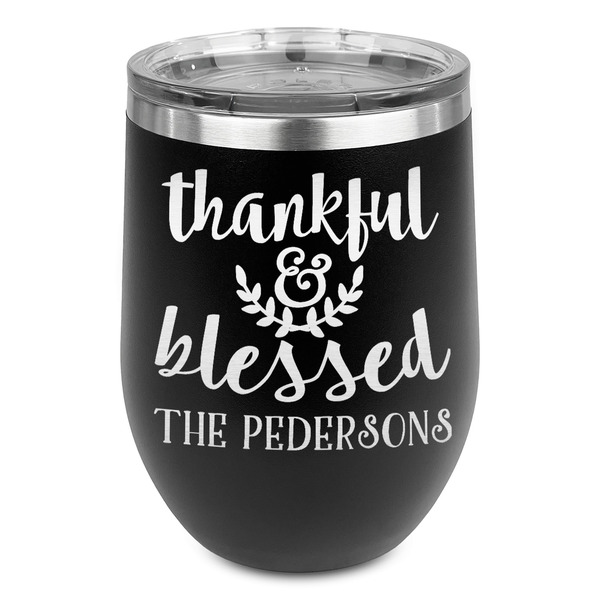 Custom Thankful & Blessed Stemless Stainless Steel Wine Tumbler - Black - Single Sided (Personalized)