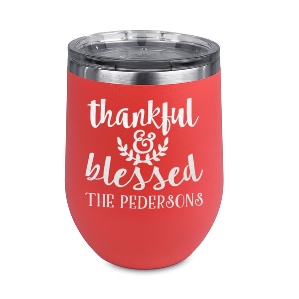 Custom Thankful & Blessed Stemless Stainless Steel Wine Tumbler - Coral - Single Sided (Personalized)
