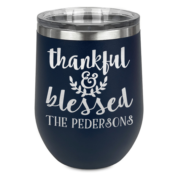 Custom Thankful & Blessed Stemless Stainless Steel Wine Tumbler - Navy - Single Sided (Personalized)