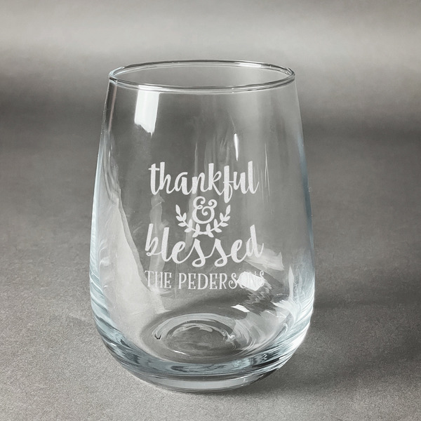 Custom Thankful & Blessed Stemless Wine Glass - Engraved (Personalized)