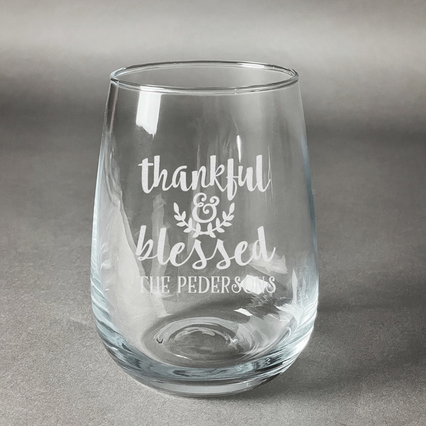 Custom Thankful & Blessed Stemless Wine Glass - Engraved (Personalized)