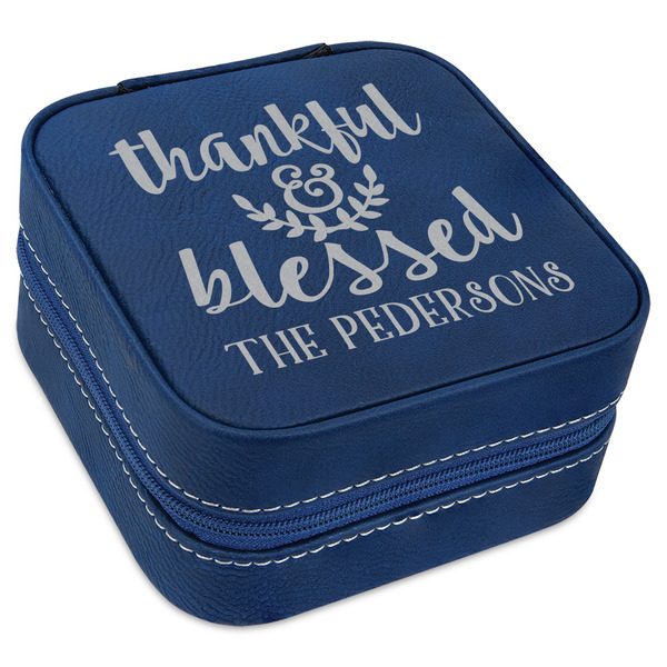 Custom Thankful & Blessed Travel Jewelry Box - Navy Blue Leather (Personalized)