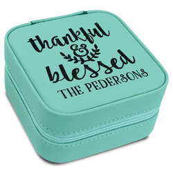 Thankful & Blessed Travel Jewelry Box - Teal Leather (Personalized)