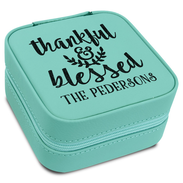 Custom Thankful & Blessed Travel Jewelry Box - Teal Leather (Personalized)