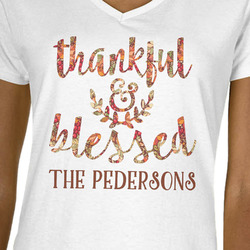 Thankful & Blessed Women's V-Neck T-Shirt - White - Medium (Personalized)