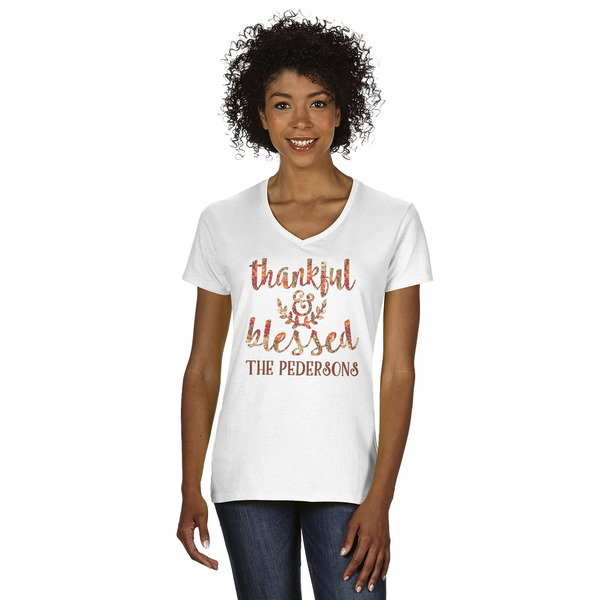 Custom Thankful & Blessed Women's V-Neck T-Shirt - White (Personalized)