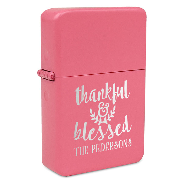 Custom Thankful & Blessed Windproof Lighter - Pink - Double Sided & Lid Engraved (Personalized)