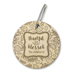 Thankful & Blessed Wood Luggage Tag - Round (Personalized)