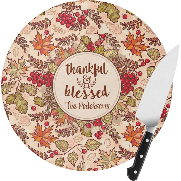 Custom Thankful & Blessed Round Glass Cutting Board - Small (Personalized)