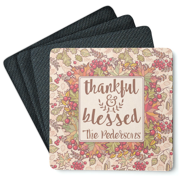 Custom Thankful & Blessed Square Rubber Backed Coasters - Set of 4 (Personalized)